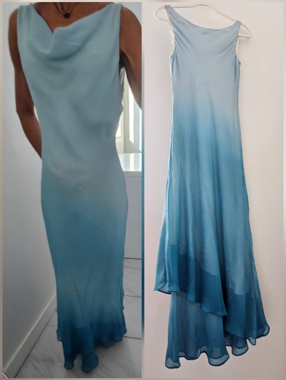 Vintage Silk Azure Cowlneck Watercolor Cascade Layered Long Flowy Dress